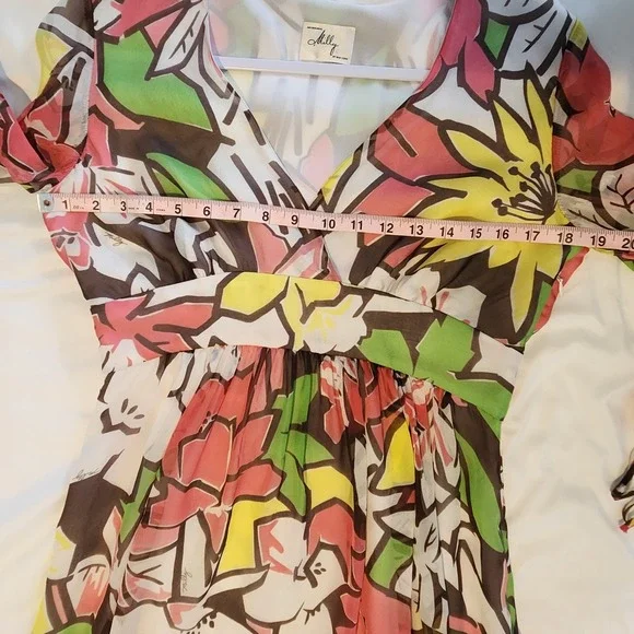 Milly Floral Print Dress Sheer Long Sleeve V Neck Multicolor Size S - Picture 6 of 9